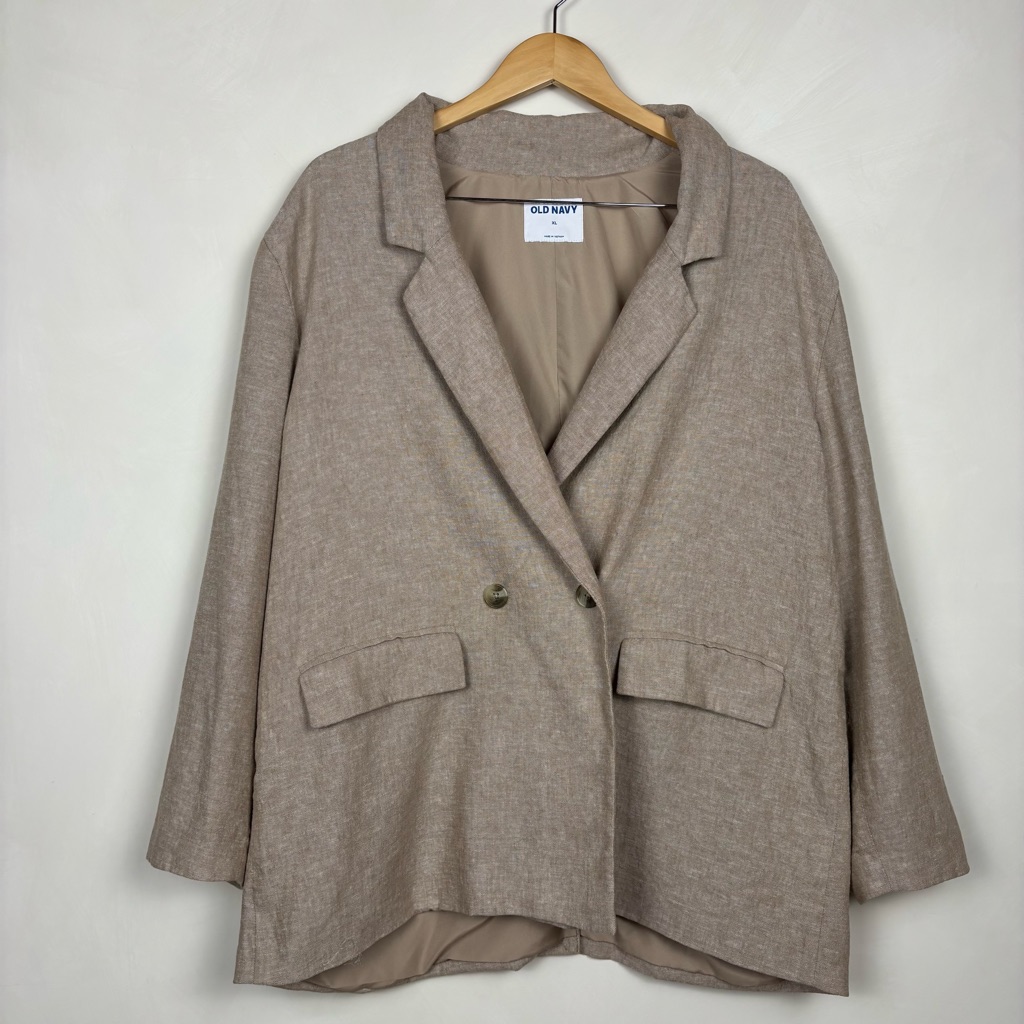 Old Navy Women's Linen Blend Neutral Tan Beige Blazer Jacket Xl Preppy Academia